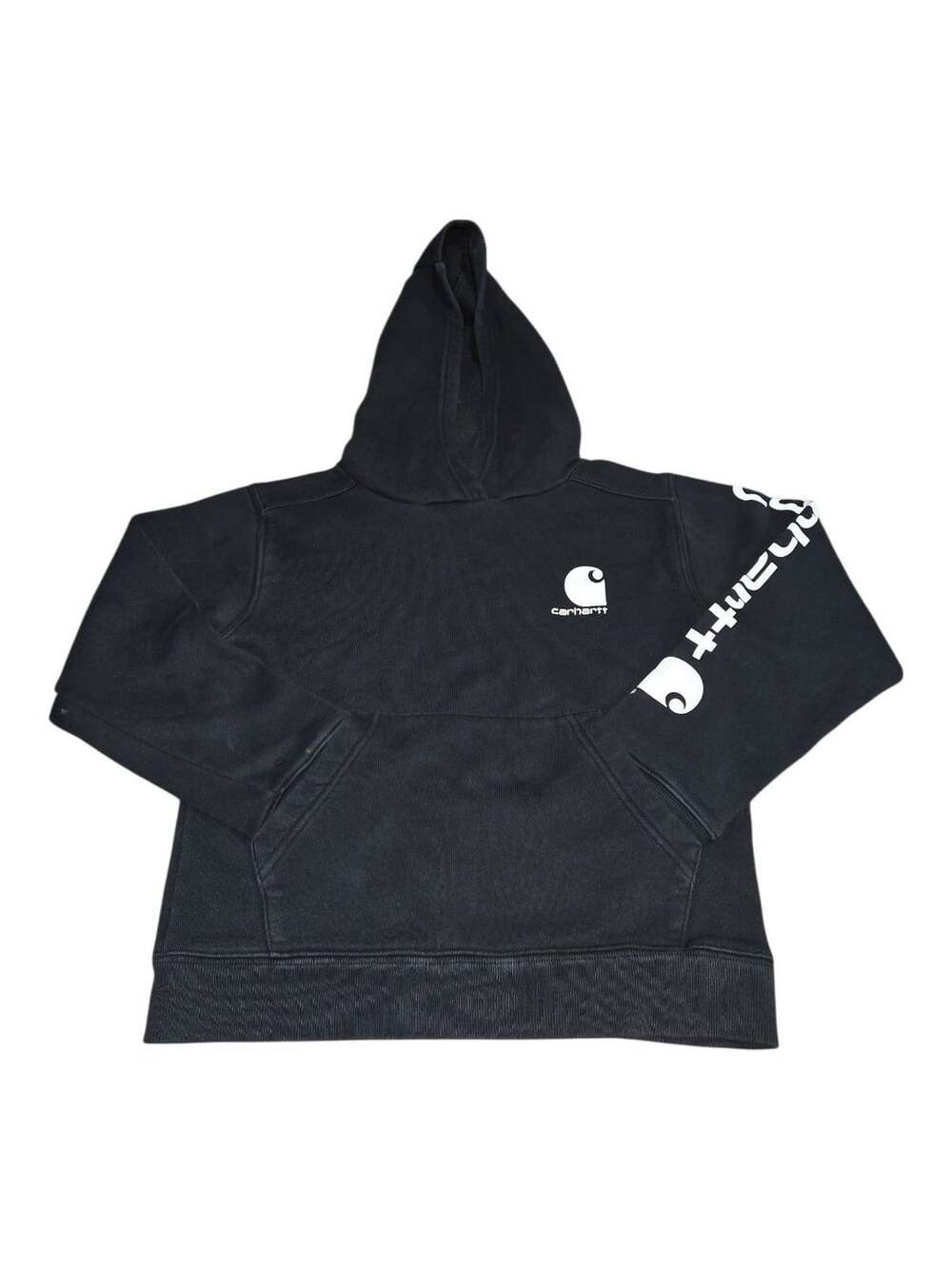 Carhartt Hoodie Youth Size S 8-10 Black White Sleeve Logo Pullover Sweatshirt